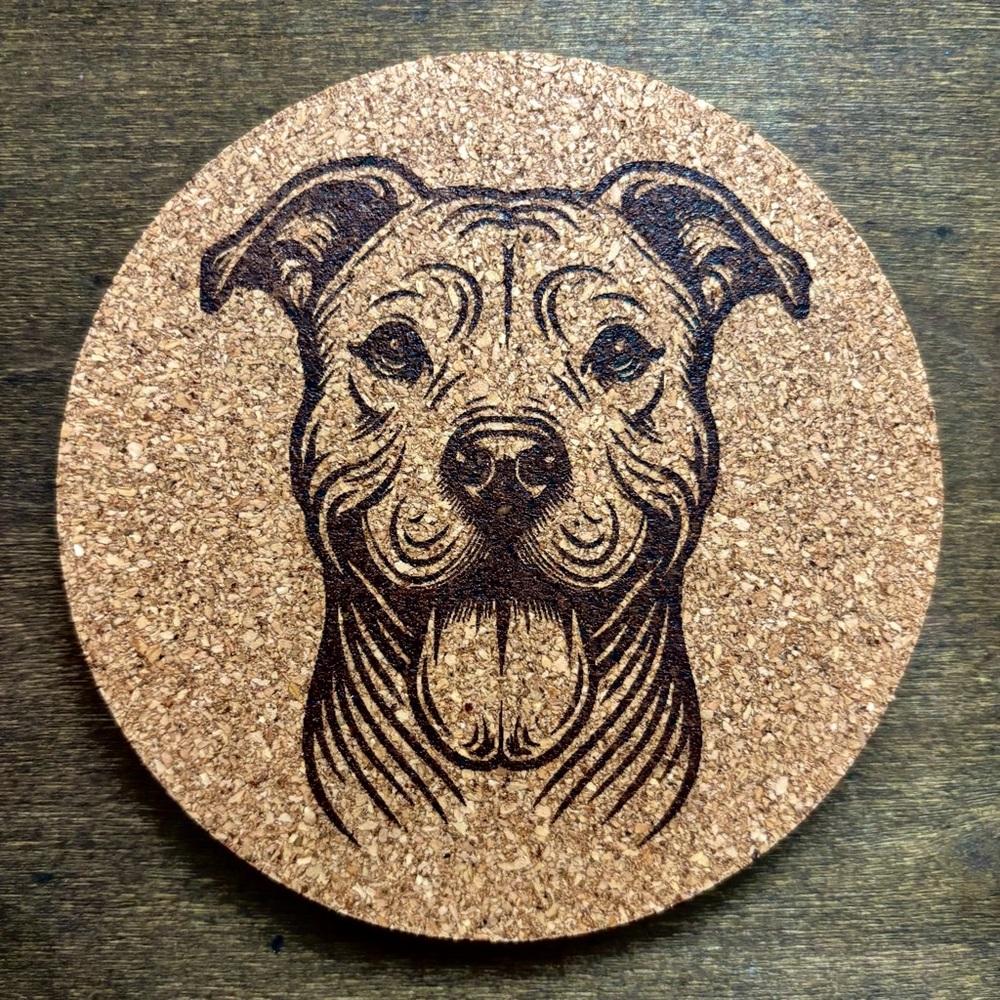 American Pit Bull Terrier Face Laser Engraved Cork Coaster